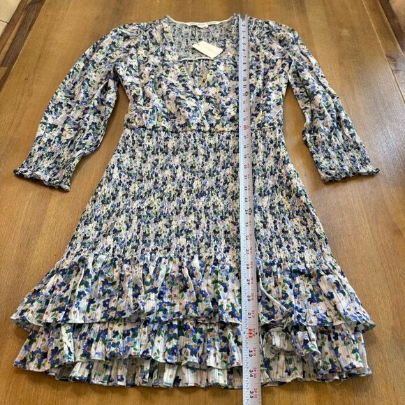 Veronica Beard Darrah Smocked Dress‎ Size 0 Floral Minidress V-Neck Ruffle Hem - Picture 6 of 14